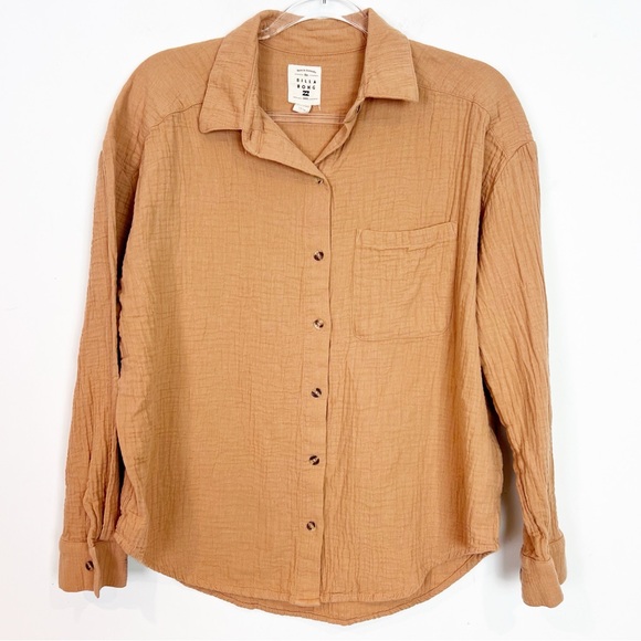 BILLABONG ORANGE CRINKLE GAUZE BUTTON FRONT LONG SLEEVE BLOUSE WOMENS SMALL - Picture 2 of 12